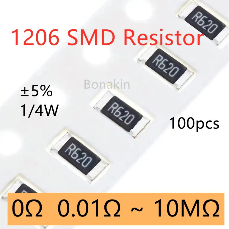 100pcs 1206 5% SMD ตัวต้านทาน 0R 1 โอห์ม 2Ω 3.3R 10R 15R 20R 22R 39R 47R 100R 120R 200R300R 1K 2K 4.