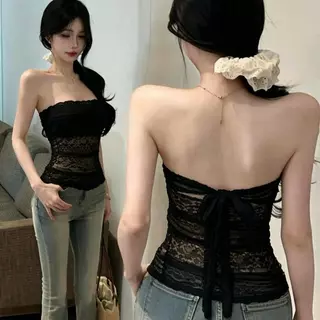 Bentoy พร้อมส่ง 3015 เสื้อเกาะอกงานถักลูกไม้ ฟองน้ำในตัว ดีเทลสายผูกหลัง งานสวยดูแพง 2สีให้เลือก