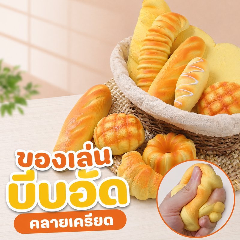 สกุชชี่ ของเล่นบีบอัด ขนมปัง วัสดุPU ยืดหยุ่น คลายเครียด พกพาสะดวกง่าย มีกลิ่นขนมปัง เหมาะทุกวัย