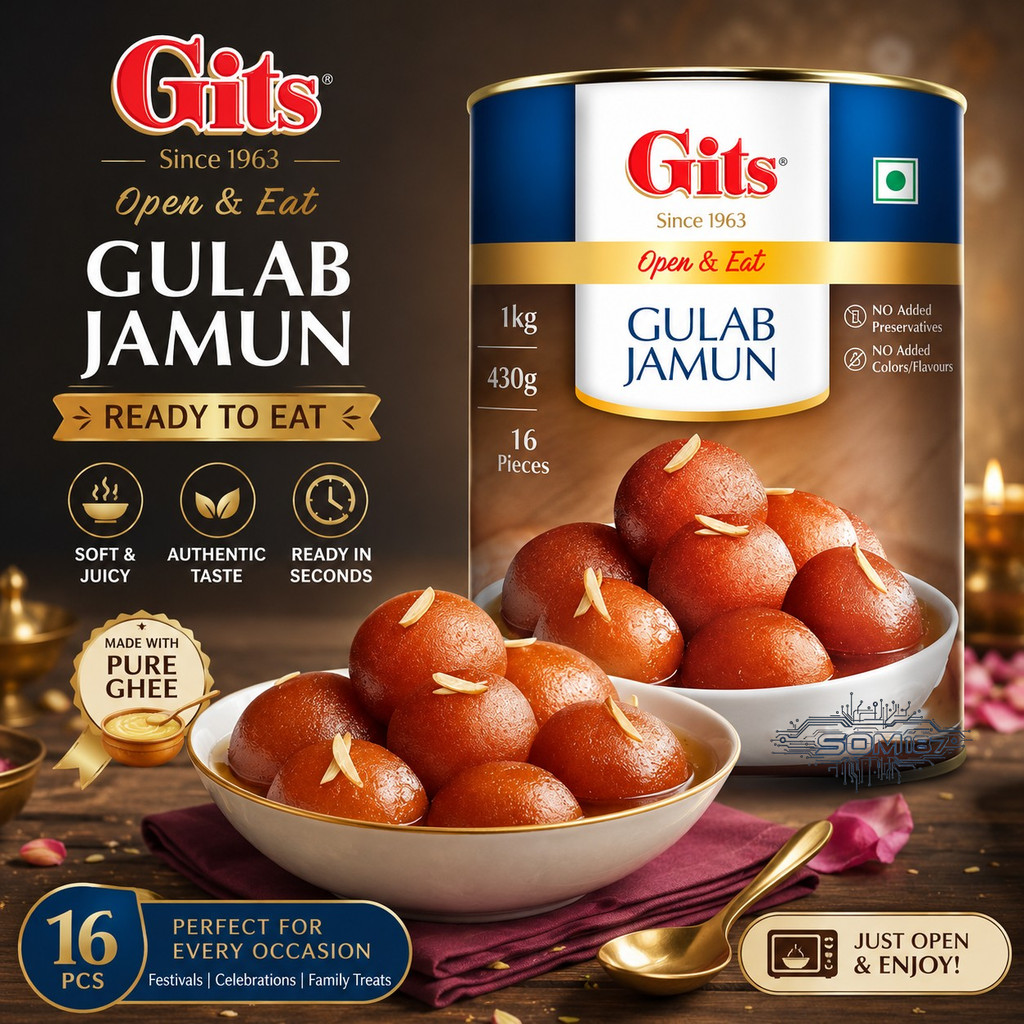 Gits Gulab Jamun Ready to Eat 16 Pieces Made with Pure Ghee ขนมหวานอินเดียพร้อมทาน กุหลาบจามุน 1kg