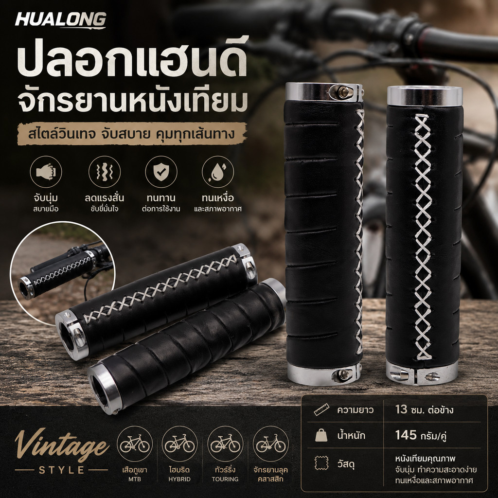 ปลอกแฮนด์จักรยานหนังเทียมเสือภูเขา แบบวินเทจมีตัวล็อค THAIBIKE สีดำ