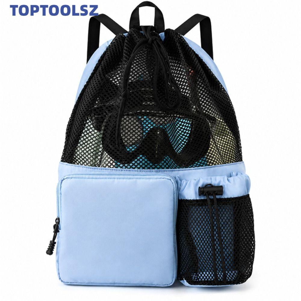 TOPTOOLS กระเป๋าเป้ว่ายน้ํา กันน้ํา มีช่องกระเป๋าเปียก พร้อมหูรูด ไนลอนตาข่าย ทนทาน สําหรับชายหาด อุปกรณ์ออกกําลังกาย