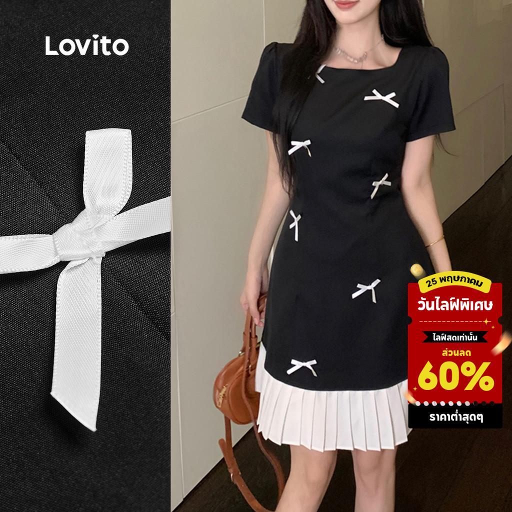 Lovito เดรสสวยน่ารัก ผูกโบว์ จีบพลีท สีดำและขาว สำหรับผู้หญิง เหมาะสำหรับฤดูใบไม้ผลิ/ฤดูร้อน L159AD086