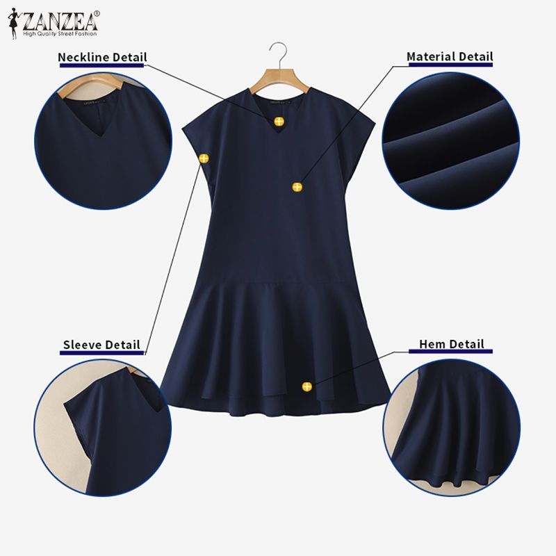 ZANZEA Celmia ผู้หญิงแฟชั่นเกาหลีคอวีแขนสั้นสีทึบจีบ Patchwork Simple Dress — صورة 7