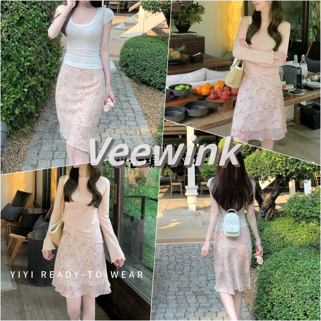 Veewink กระโปรงลายดอกไม้เอวสูง ทรงเข้ารูปความยาวกลาง ลดน้ำหนัก ลดน้ำหนัก ลดน้ำหนัก แมทช์ง่าย