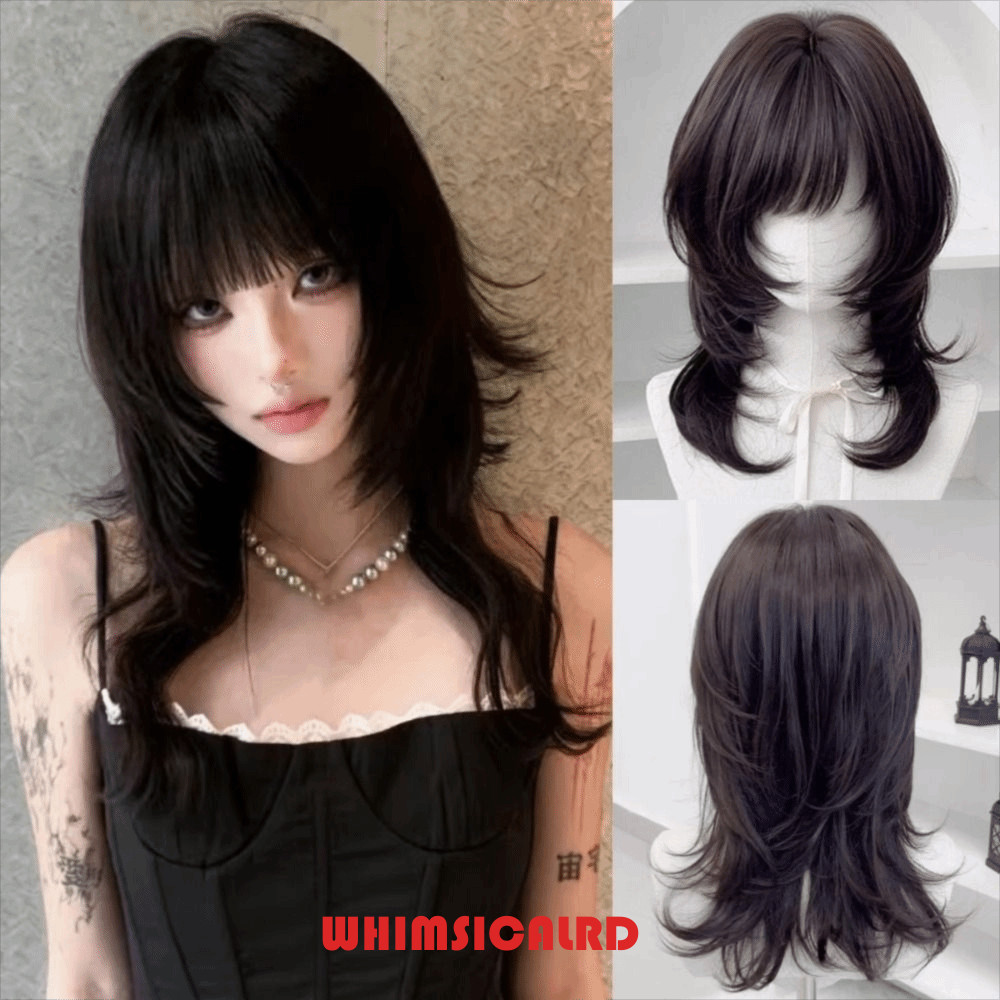 WHIMSICALRD ตรงวิกผม,สังเคราะห์สีน้ําตาลสีดําแมงกะพรุนวิกผมเรียบ,น่ารัก Hairpiece Wolf Cut Mullet ตั