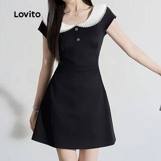 Lovito เดรสผู้หญิงสไตล์เพรปปี้ สีดํา ลายสีบล็อก เหมาะสําหรับใส่ไปทํางานหรือเดินทางในฤดูใบไม้ผลิและฤดูร้อน เกาหลี อินเทรนด์ LK5AD185