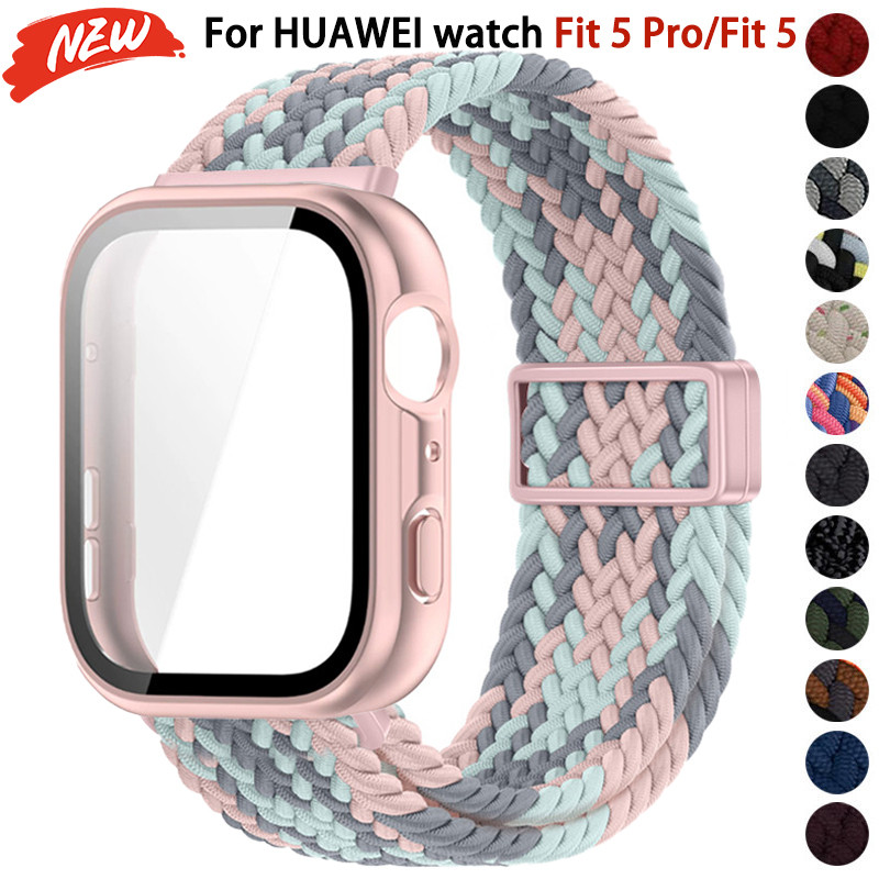 สายรัดไนลอน + เคส PC สําหรับ Huawei watch Fit 5/Fit 5 Pro ฝาครอบป้องกันหน้าจอแข็งสร้อยข้อมือทอผ้า