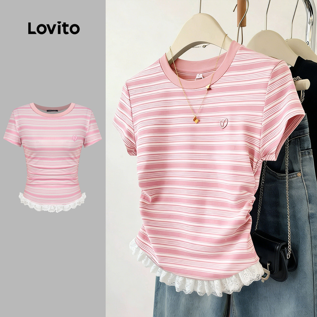 Lovito เสื้อยืดลําลองผู้หญิง สีชมพู ลายลูกไม้ สไตล์บล็อกสี สําหรับฤดูใบไม้ผลิและฤดูร้อน L189ED055