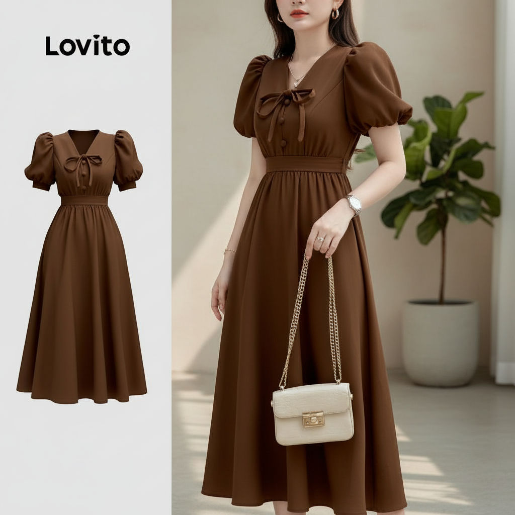 Lovito ชุดเดรสสไตล์วินเทจ ซิปสีน้ําตาล สําหรับฤดูใบไม้ผลิ ฤดูร้อน สําหรับผู้หญิง LK2ED160