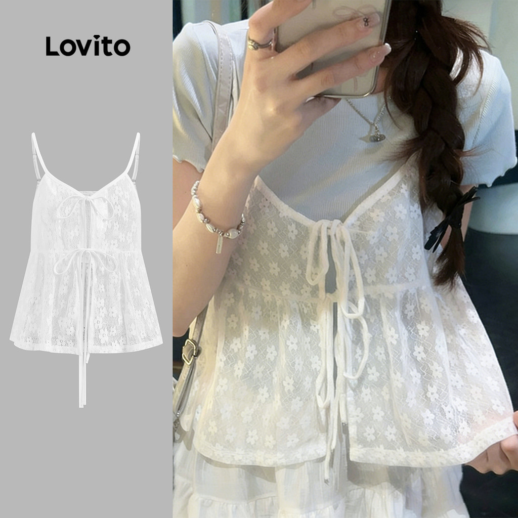 Lovito เสื้อลูกไม้ซีทรูสีขาวสําหรับผู้หญิง สไตล์น่ารักสําหรับฤดูใบไม้ผลิ/ฤดูร้อน L185AD143
