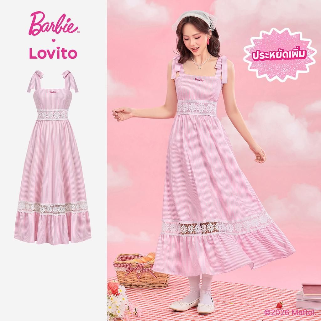 [Summer Sale] (New Arrival) Barbie™ X Lovito Boho ชุดเดรสสีชมพูสไตล์โรแมนติก แต่งลูกไม้พร้อมดีไซน์สายเดี่ยว สําหรับฤดูใบไม้ผลิ/ฤดูร้อน DRBL4PAD014
