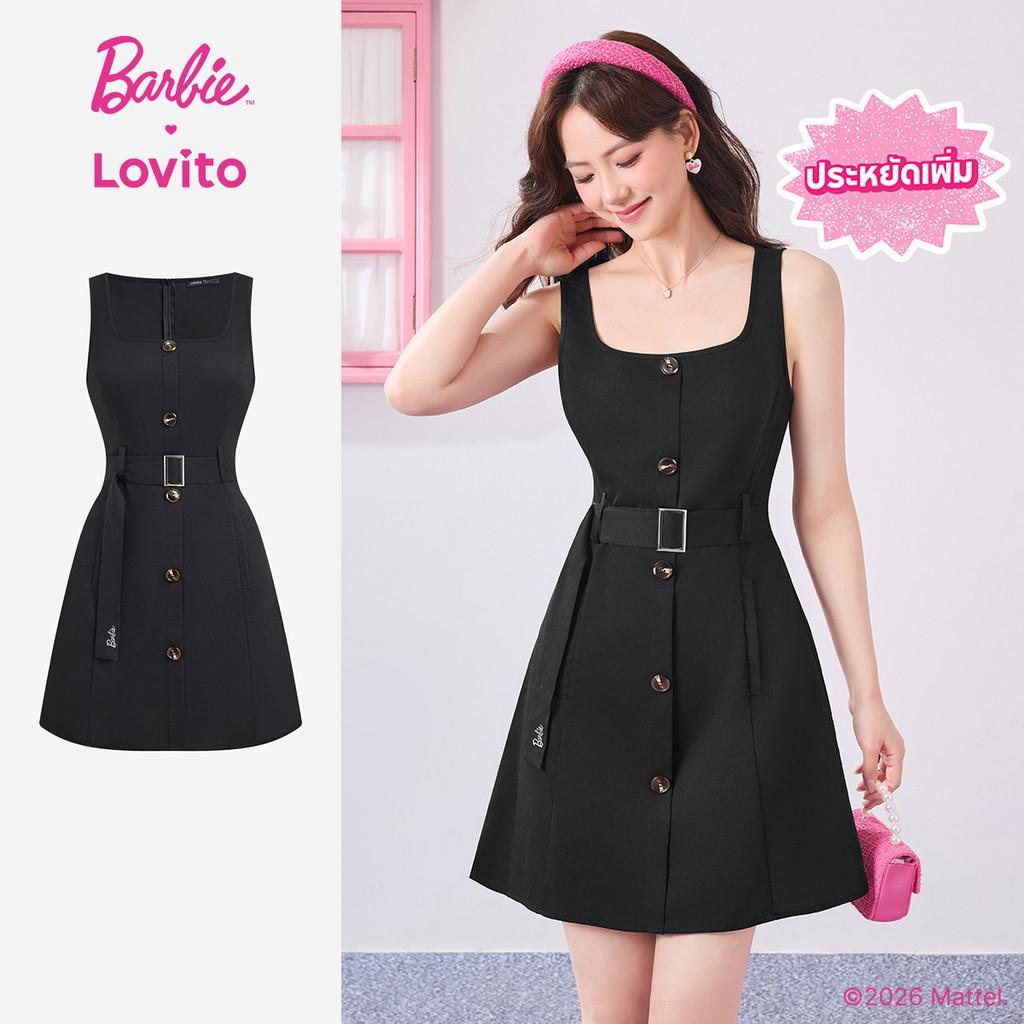 [Summer Sale] Barbie™ X Lovito แพทเทิร์นชุดเดรสลําลองสีดําแบบมีเข็มขัดติดกระดุมสําหรับฤดูใบไม้ผลิ/ฤดูร้อนสําหรับผู้หญิง DRBL3PAD040