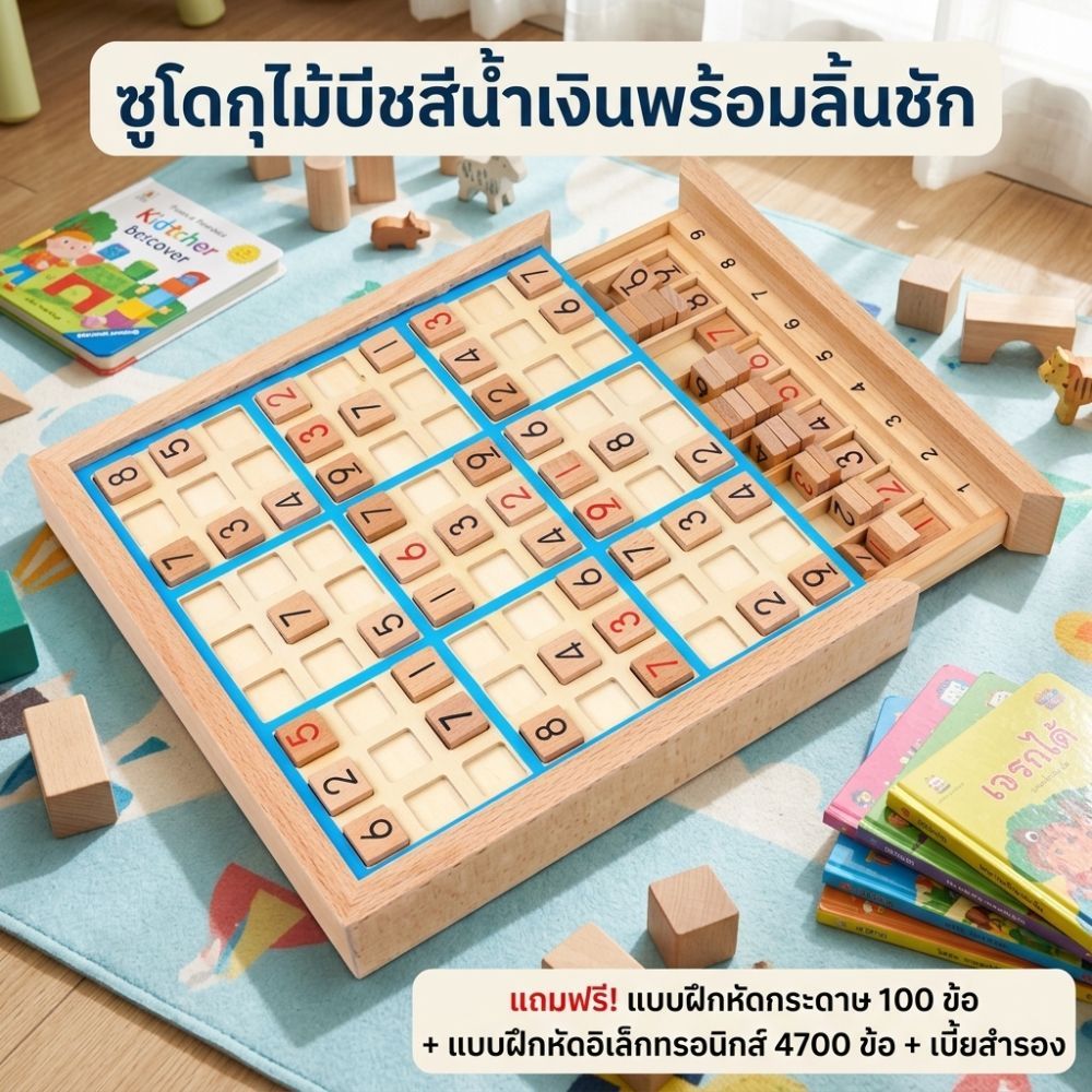 ซูโดกุไม้เด็ก ฝึกสมองฝึกตรรกะ เพิ่มสมาธิ พร้อมลิ้นชักเก็บ แถมแบบฝึกหัดมากมาย ของเล่นเสริมทักษะ