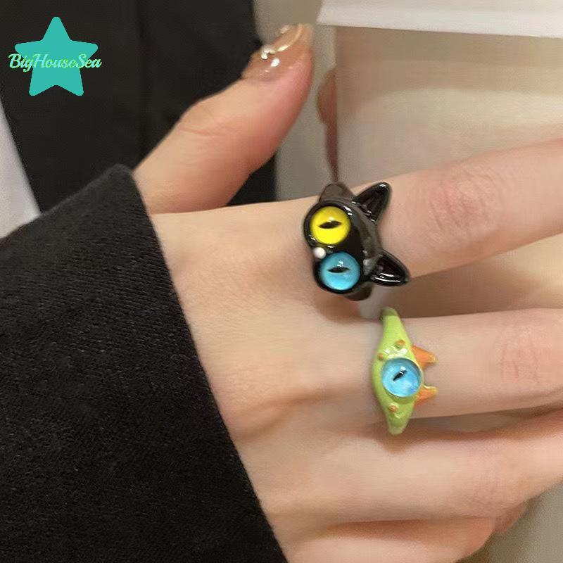 [Sea-t] น่ารักแหวนมอนสเตอร์สีเขียวแฟชั่นหวานสองสีแมวตาเปิดแหวนปรับได้สําหรับผู้หญิงงานแต่งงานอุปกรณ์นิ้วเครื่องประดับ