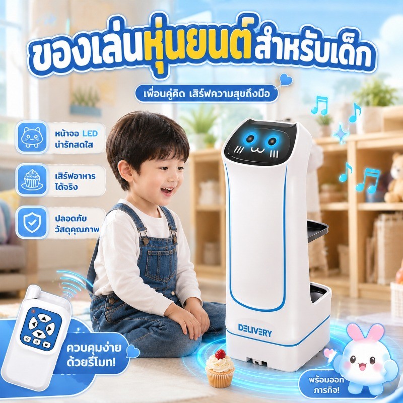 หุ่นยนต์ส่งอาหาร หุ่นยนต์ควบคุมระยะไกล 2.4G ของเล่นแบบโต้ตอบพร้อมเสียงและแสง การเคลื่อนไหวหลายทิศทาง