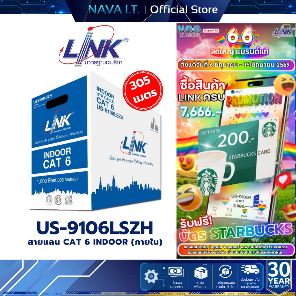 LINK US-9106LSZH CAT6 UTP Cable (305m./Box) รับประกัน 30 ปี