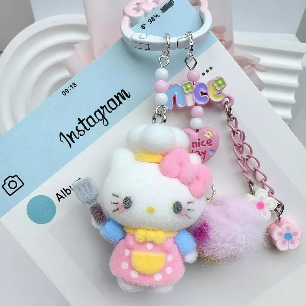 การ์ตูน Flocking Chef Hello Kitty Dopamine จี้โซ่โทรศัพท์มือถือ DIY พวงกุญแจห้อยกระเป๋า