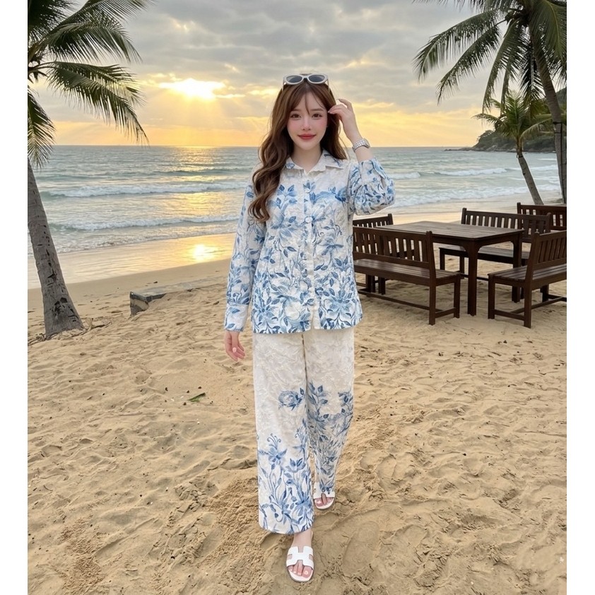 ชุดเซต เสื้อแขนยาว + กางเกงขายาว ลูกไม้ พิมพ์ลายใบไม้สีฟ้า