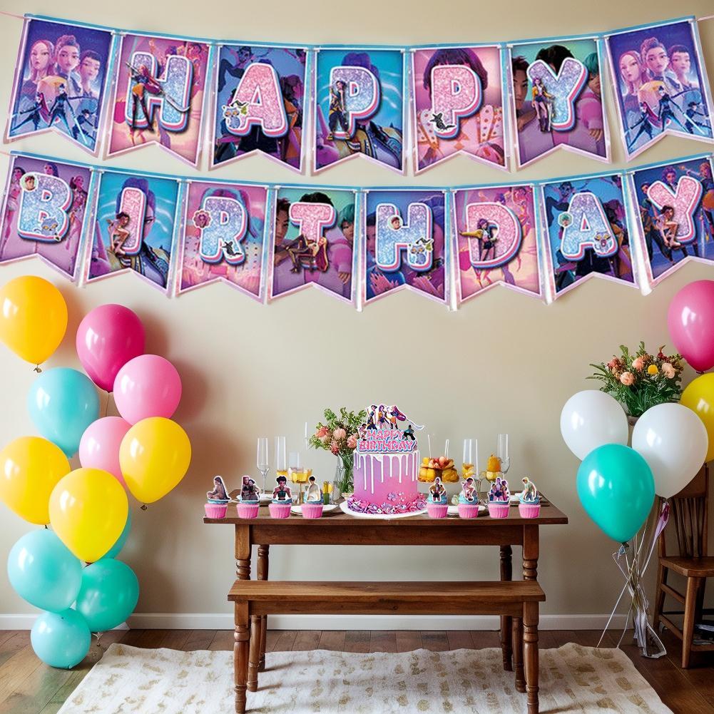 K Pop Demon Hunters แม่มด Hunters ธีมวันเกิดแบนเนอร์ Decor Party ลูกโป่งเค้ก O8s0