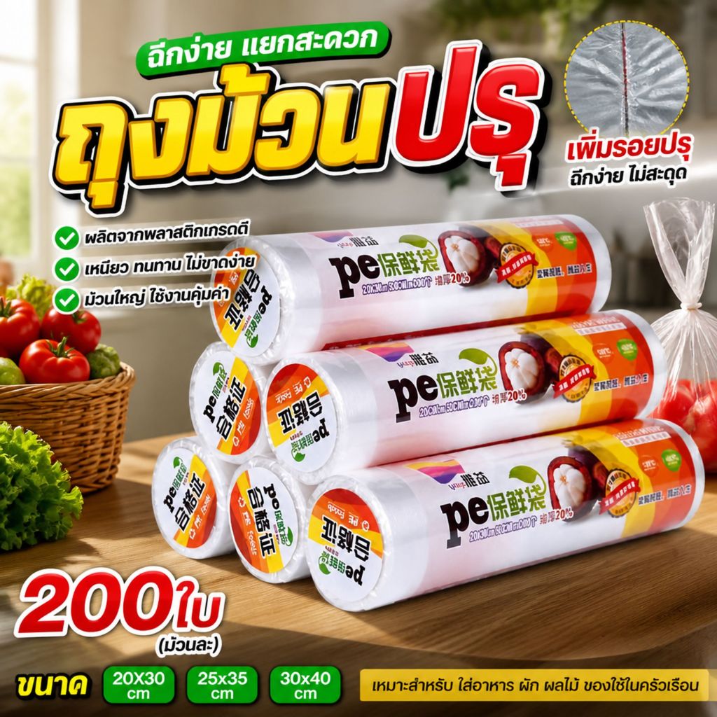 ถุงกระตุก ถุงม้วนปรุ 200ใบ ถนอมอาหารในตู้เย็น ปิดสนิท กันชื้นกันกลิ่น เก็บผักผลไม้สด