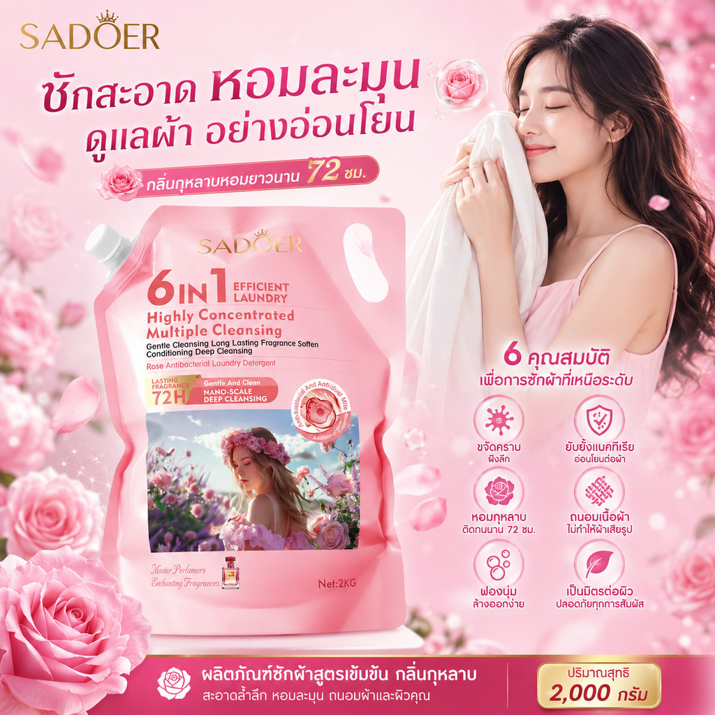 SADOER น้ำยาซักผ้า ถุงใหญ่ มีฝาเปิด-ปิด (2kg) ออร์แกนิค สูตรอ่อนโยน ผลิตภัณฑ์น้ำยาซักผ้ากลิ่นหอมดอกไม้ ติดทนนาน