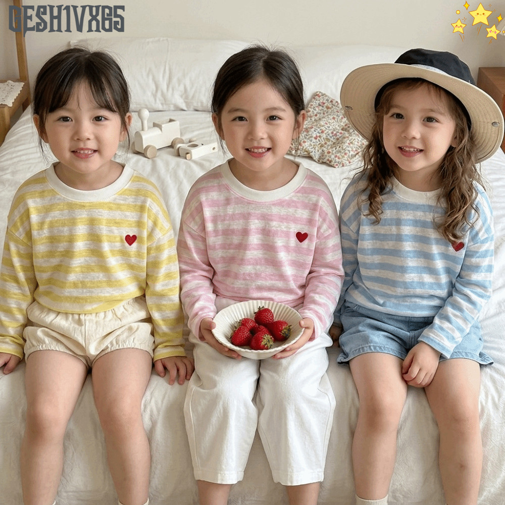 GESH1VX65 เด็กแขนยาว,น้ําหนักเบาแขนยาวลาย T เสื้อ, Soft Touch Pullover สไตล์หัวใจ Patch ลูกเรือคอฐาน