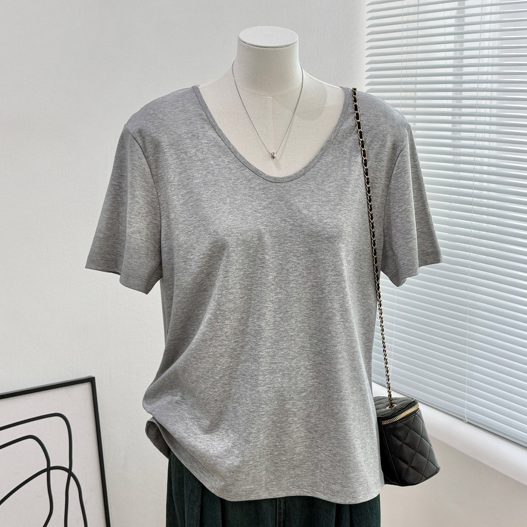 Lyocell Tencel ขนสัตว์เสื้อยืดผู้หญิง u-คอฤดูร้อนบาง Slimmer ดูด้านหน้าไหล่แขนสั้น All-Match เกาหลี 