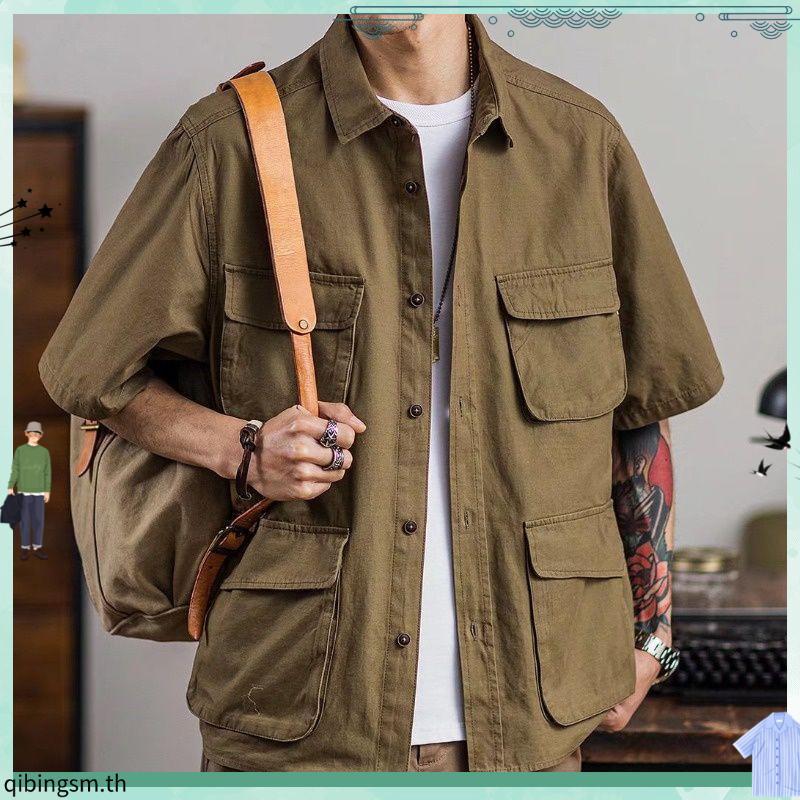 MNO.9 Shirt 617 เสื้อเชิ้ตผู้ชาย เสื้อคลุมแขนสั้น เสื้อเชิ้ตคอปกใช้งานได้จริง เสื้อเชิ้ตคอปก ลำลอง ว