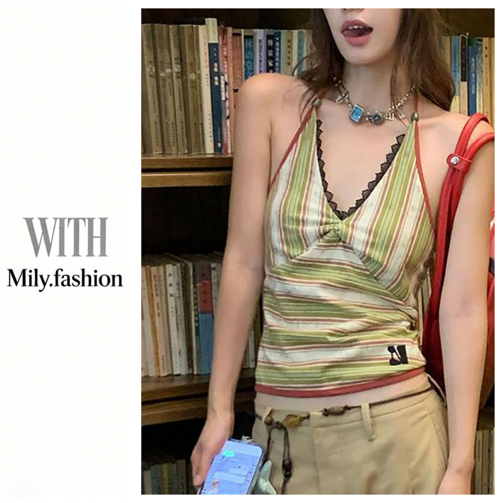 Milyfashion ลึก v คอลายสลิงฤดูร้อนสไตล์ใหม่ Slim-fit Slimmer ดูแขนกุดสวมใส่ด้านนอกแคบ-เอวสั้นด้านบน ELEA