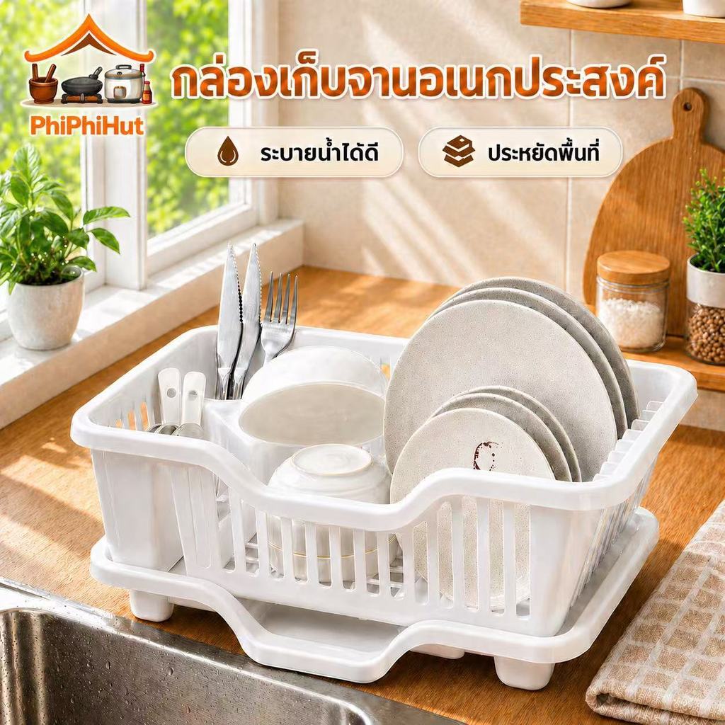 PPH ที่คว่ำจานระบายน้ำ ที่คว่ำจานระบายน้ำอเนกประสงค์ กล่องเก็บจาน ชั้นวางถาดระบายน้ำในครัวบ้าน
