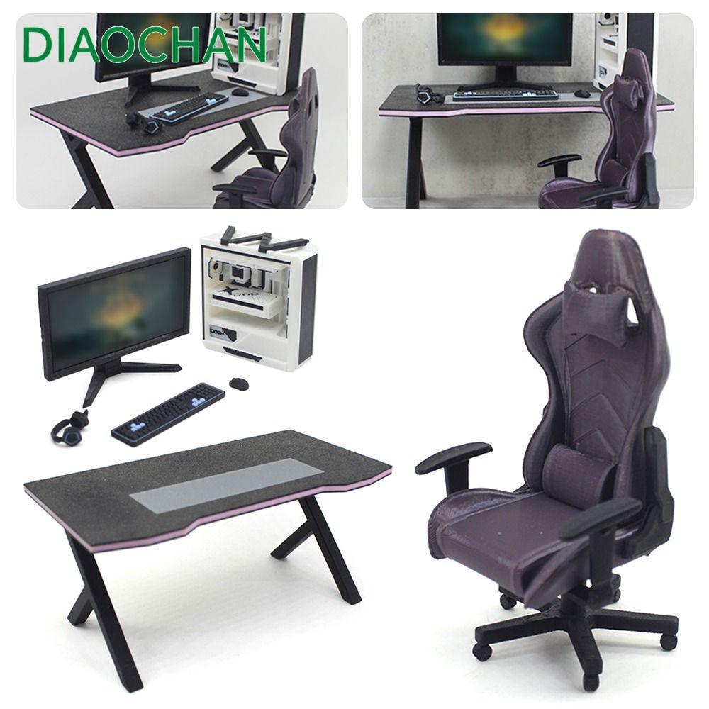 DICHATH Dollhouse Esport Game Kit, 1/12 Black & white Miniature โต๊ะคอมพิวเตอร์, Creative Scene Model Desk Chair Photo Props บ้านตุ๊กตาเฟอร์นิเจอร์บ้านตุ๊กตา