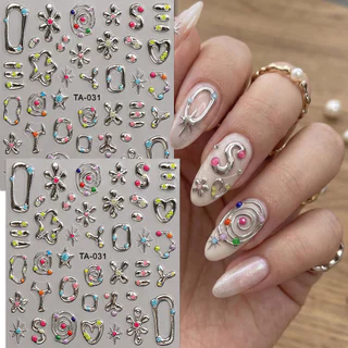 HAMA Y2K โลหะ 3D สติ๊กเกอร์ติดเล็บ Gothic Silver Cross Heart Star Line Design Nail Art Decals Self-Adhesive DIY ตกแต่งเล็บ
