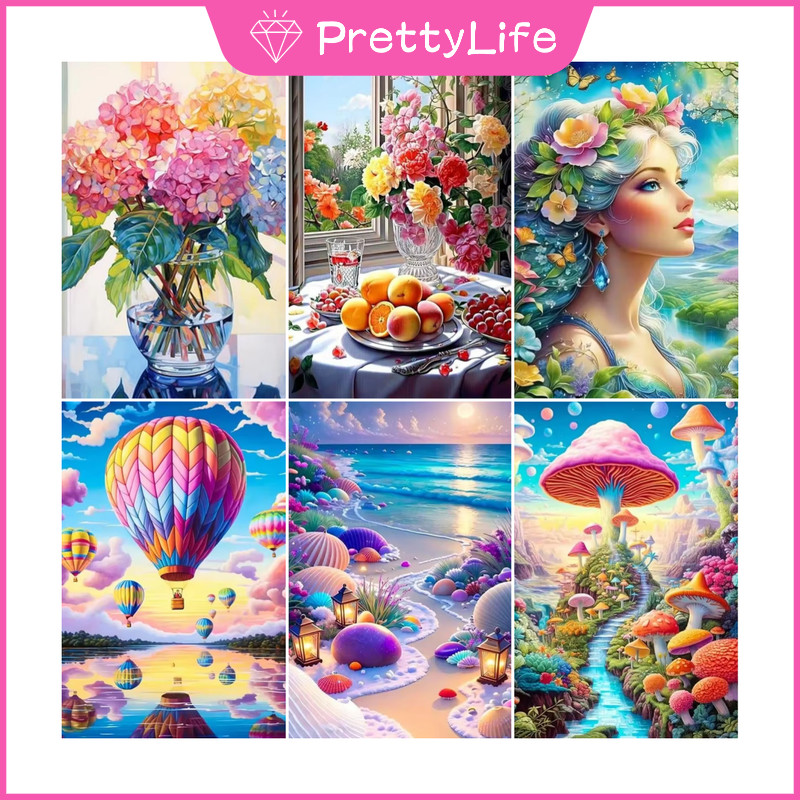 PLPlant ดอกไม้ทิวทัศน์ 5D DIY ภาพวาดเพชร/ภาพสีน้ํามันดิจิตอลคริสตัลปักครอสติสเพชรเต็มโมเสคเพชรชุดเย็บปักถักร้อย Rhinestone ตกแต่งบ้าน