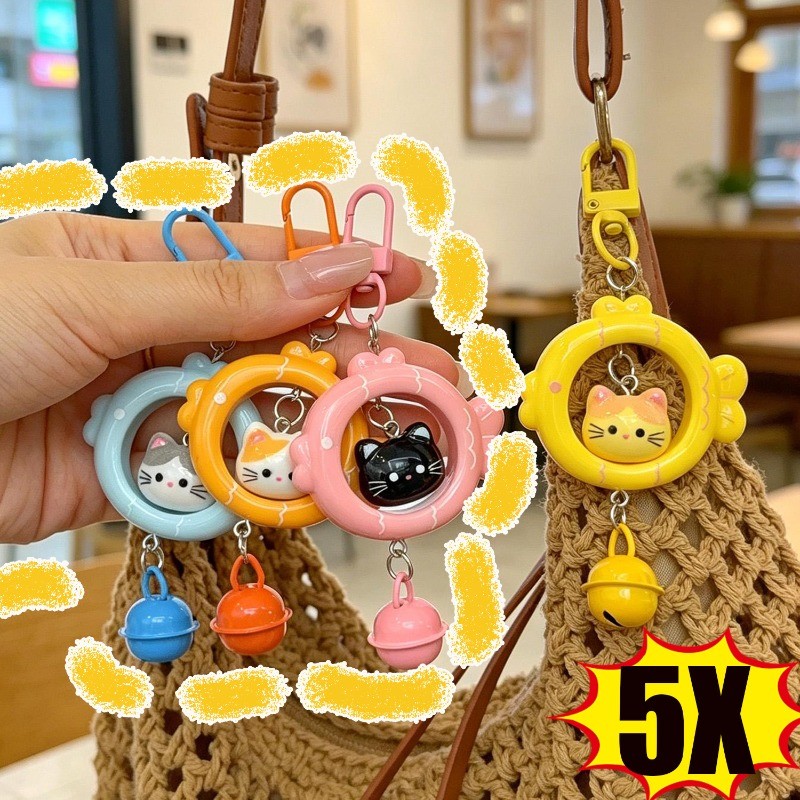5ชิ้นเดิม3ง แมวปลาออกแบบพวงกุญแจ,เรซิ่นโลหะผสมทนทานโลหะจับมือ,ป้องกันการจางหายแบบพกพาจี้สําหรับกระเป๋ากุญแจรถ
