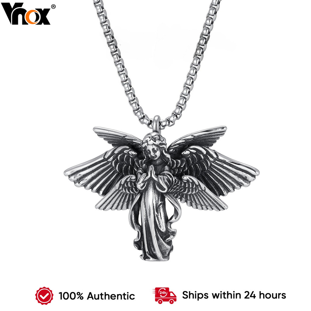 Vnox Guardian Angel จี้สร้อยคอสําหรับชาย, Praying Angel Wing สแตนเลส Vintage Spiritual Charm เครื่องประดับของขวัญ