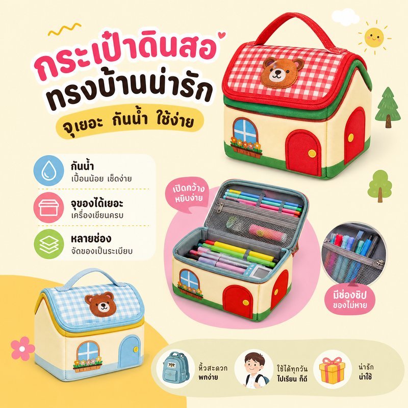 กระเป๋าดินสอ กล่องดินสอ จุใหญ่ กันน้ำ หลายช่อง ลายบ้านน่ารัก กระเป๋าเครื่องเขียน นักเรียน