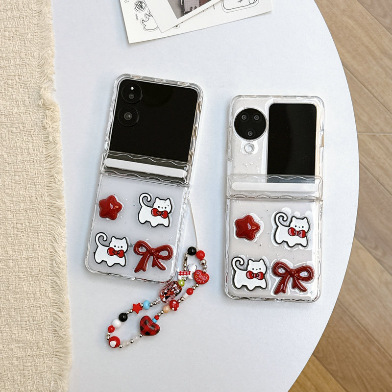 เคสFoldFor OPPO Find N3 Flip Wave Edge กําไลข้อมือแมวโบว์ยางกันกระแทกเลนส์เคสแข็ง