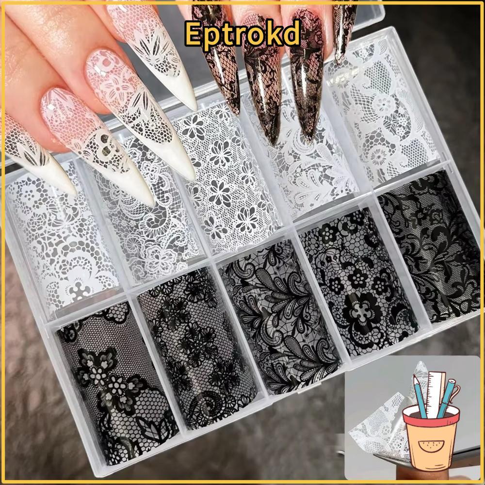 EPTRO ฟอยล์เล็บ,สีดําสีขาวเสือดาวพิมพ์เล็บสติกเกอร์, Professional เลื่อม Effect ลายลูกไม้ออกแบบ Transfer กระดาษเล็บ DIY