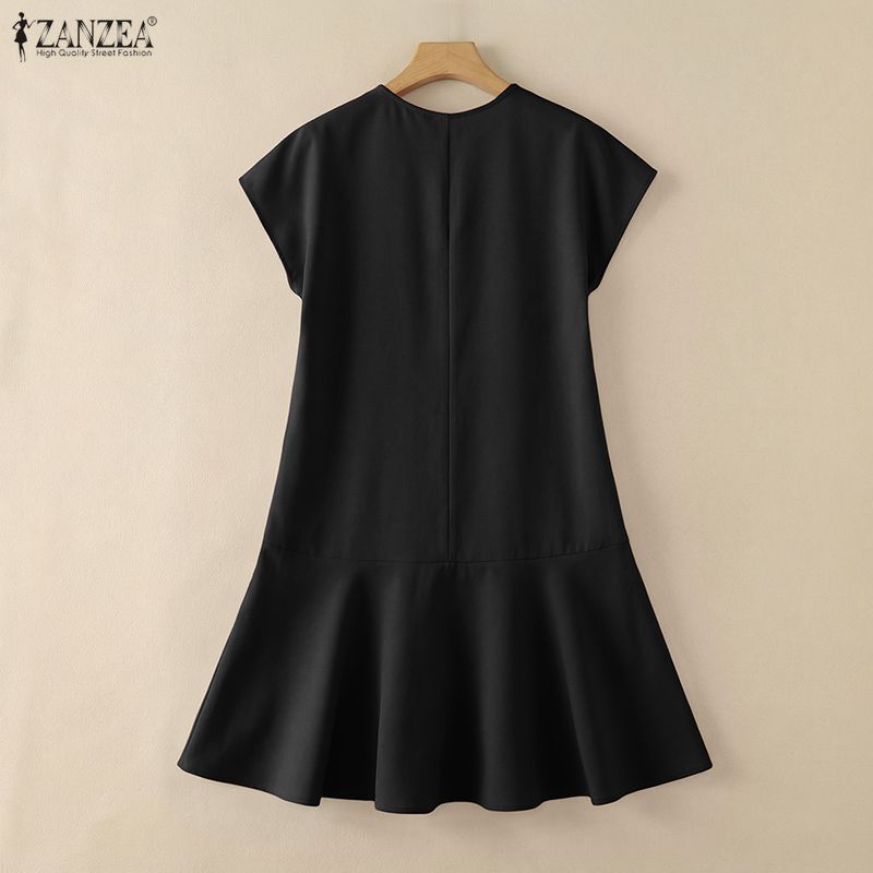 ZANZEA Celmia ผู้หญิงแฟชั่นเกาหลีคอวีแขนสั้นสีทึบจีบ Patchwork Simple Dress — صورة 8
