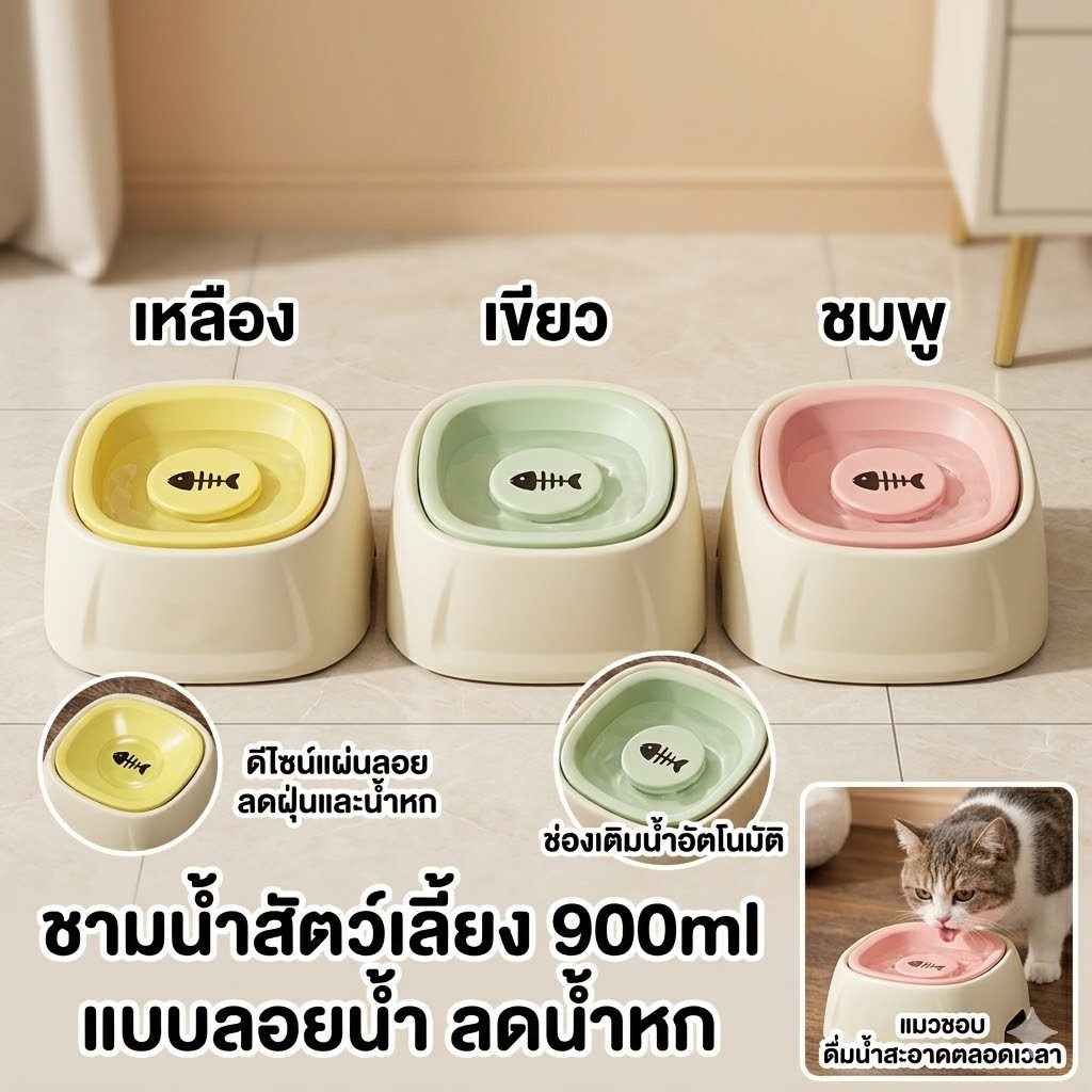 พร้อมส่ง! ชามน้ำสัตว์เลี้ยงกันน้ำหก-กระเซ็น แบบลอยตัว ใช้ได้ทั้งแมวและหมา ทำความสะอาดสะดวก