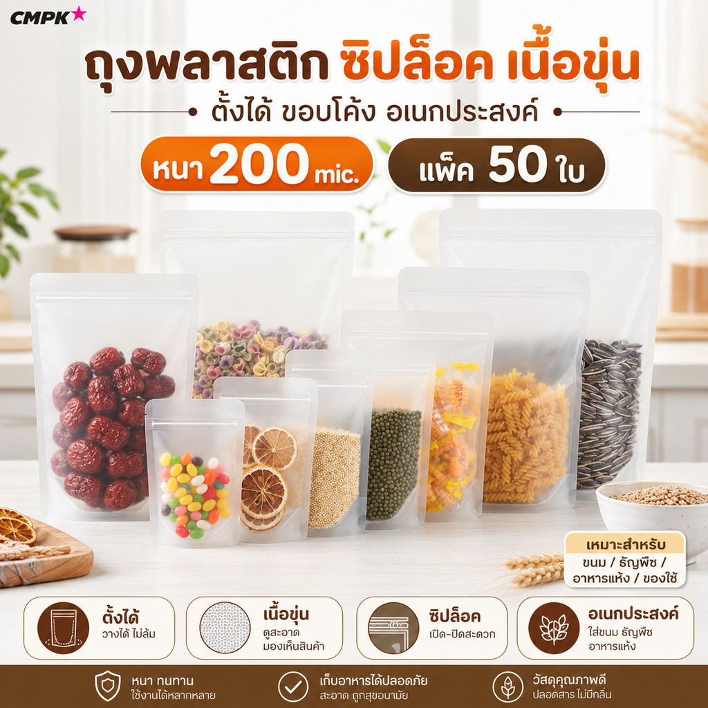 ถุงพลาสติกซิปล็อค 50ใบ เนื้อขุ่น หนา 200 mic ถุงตั้งได้ ขอบโค้ง ใส่ขนม ธัญพืช อาหารแห้ง