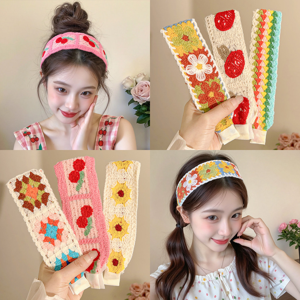 ที่คาดผมเวลโครลายดอกไม้และผลไม้โครเชต์-ยางรัดผมถักแฮนด์เมดลายเชอร์รี่สตรอเบอร์รี่และดอกไม้เครื่องประดับผมกันลื่นน่ารัก