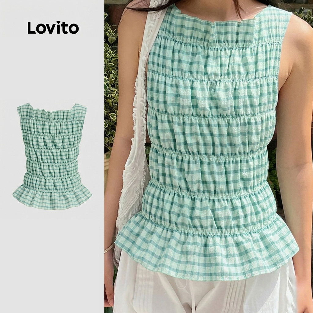 Lovito วันหยุด เสื้อกล้ามลายสก็อตน่ารักสำหรับผู้หญิง สำหรับฤดูร้อน/ฤดูใบไม้ผลิ เกาหลี อินเทรนด์ L125