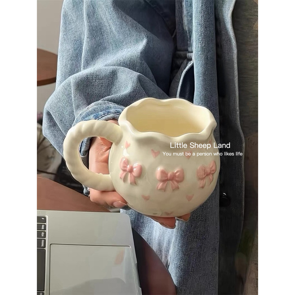 แก้วนม แก้วกาแฟ insโบว์รูปหัวใจ💗 3D ใช้ไมโครเวฟได้