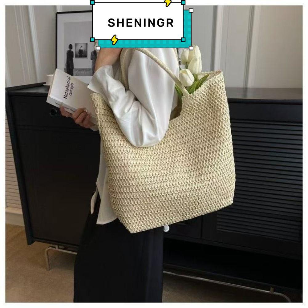 กระเป๋าถือผู้หญิง SHENING5R, กระเป๋าโท้ทสีทึบความจุขนาดใหญ่, กระเป๋าถือชายหาดฟางแบบพกพาสุภาพสตรี