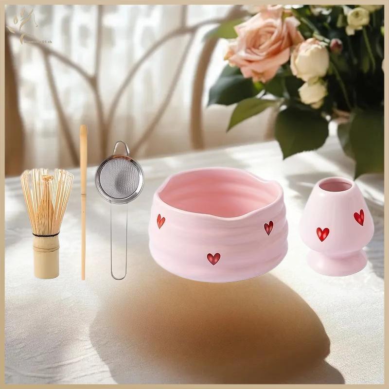 ONEHOME 2/5/5 ชิ้น Heart Decal ชุดมัทฉะเซรามิก, ชุดมัทฉะน่ารักประกอบด้วยชามมัทฉะ, ที่ปัดมัทฉะและที่วาง, ตักไม้ไผ่, ตะแกรง TH