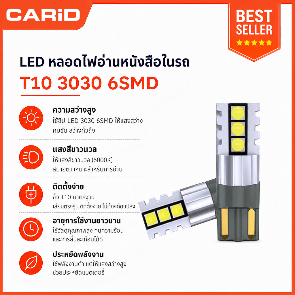 CARiD หลอดไฟเลี้ยว LED T10 9v-30v 3030 6SMD สว่างมาก อุปกรณ์เสริม สําหรับติดป้ายทะเบียนรถยนต์ รถจักร