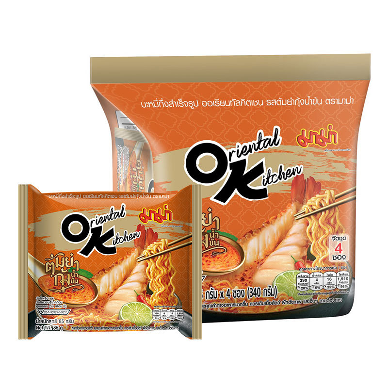 มาม่า ออเรียนทัลคิตเชน บะหมี่กึ่งสําเร็จรูป รสต้มยำกุ้งน้ำข้น 85 ก. x 4 (MAMA Oriental Kitchen Instant Noodles Shrimp Cr