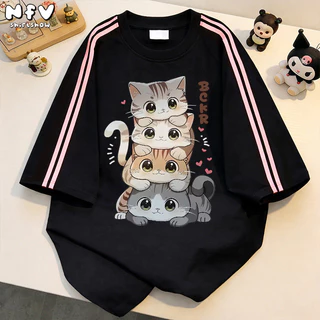 【จัดส่งตลอด 24 ชั่วโมง】NFV สไตล์เกาหลี💙เสื้อยืด ระบายอากาศ ลายแมวน่ารัก Oversized สะดวกสบาย ผ้าฝ้าย100% YG470